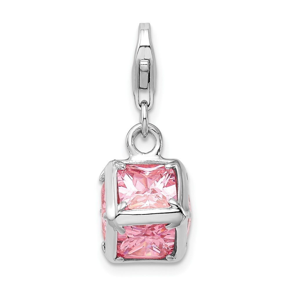 925 Sterling Silver Polished 3-D Pink CZ Cube Bracelet Charm Lobster Clasp